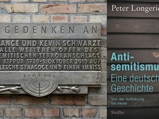 Das Buchcover von Peter Longerich: "Antisemitismus. Eine deutsche Geschichte" die Gedenktafel Anschlag Halle 2019