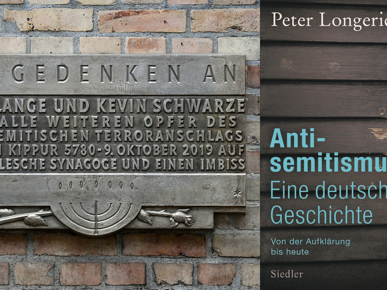 Das Buchcover von Peter Longerich: "Antisemitismus. Eine deutsche Geschichte" die Gedenktafel Anschlag Halle 2019