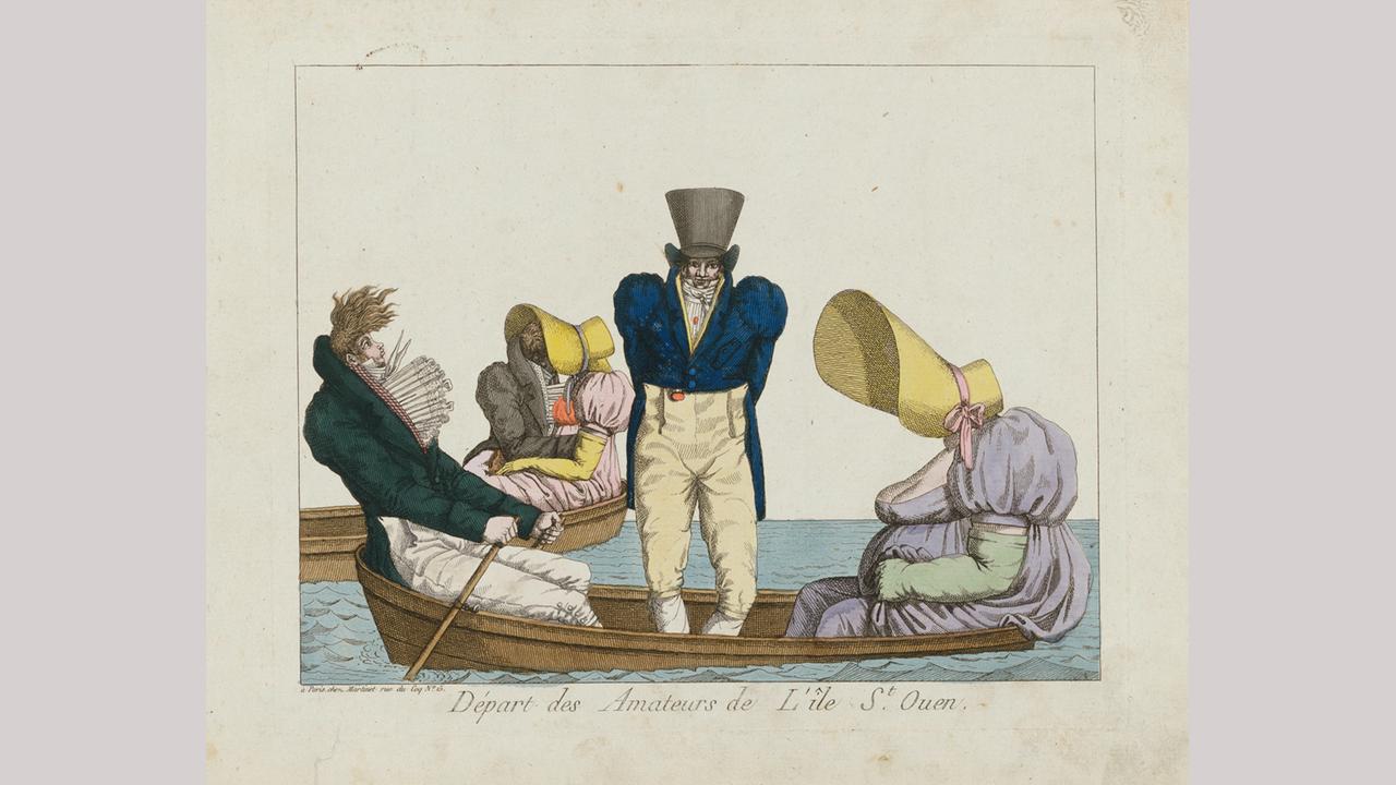 Unbekannter Künstler: Départ des Amateurs de L'île St. Ouen, um 1805; Radierung, mit Wasserfarbe handkoloriert, 21,2 x 26,2 cm (Platte); 24,3 x 30,5 cm (Blatt)