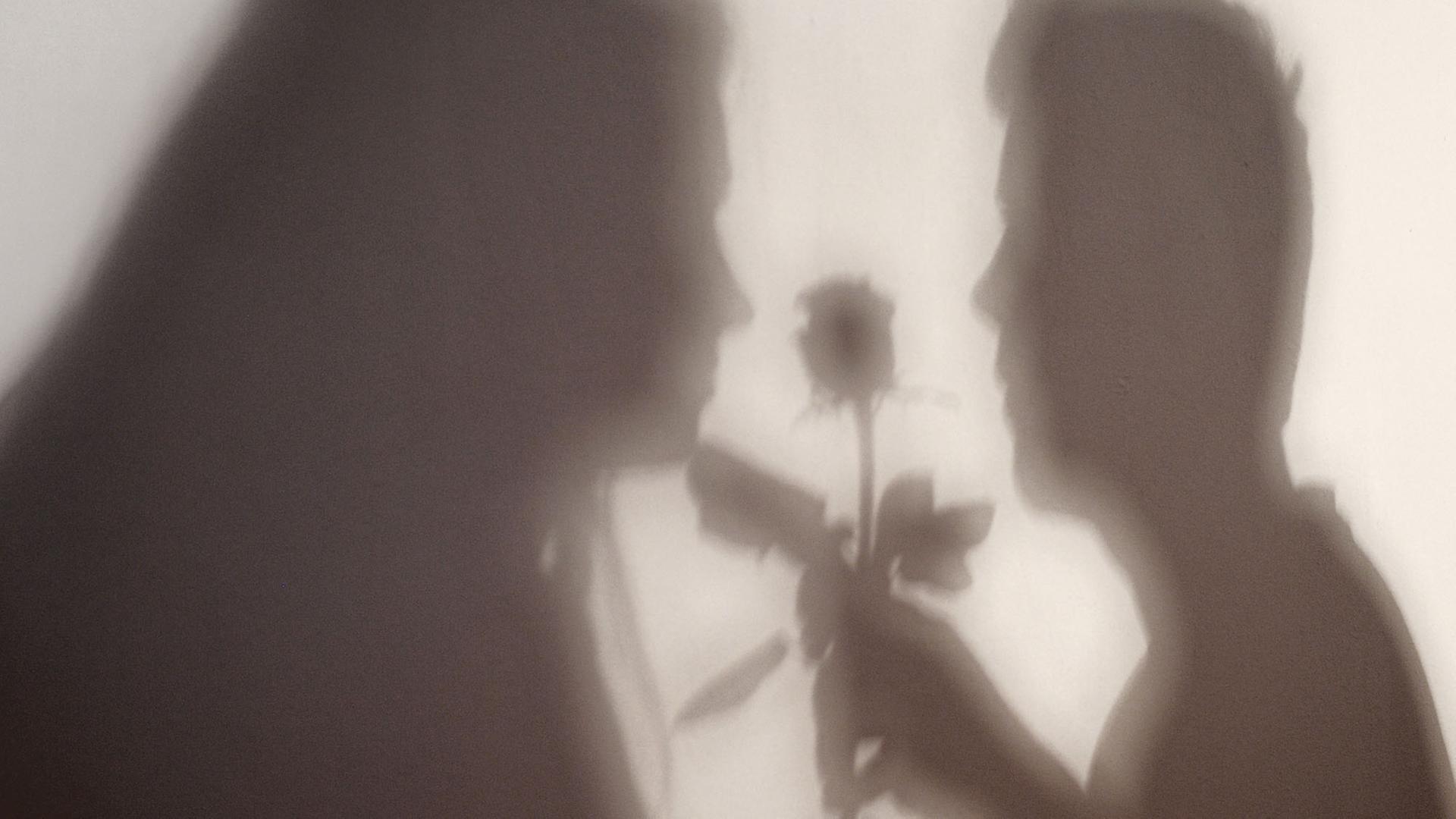 Der Schatten einer Frau und eines Mannes, der ihr eine Rose übergibt, sind an eine Wand geworfen.