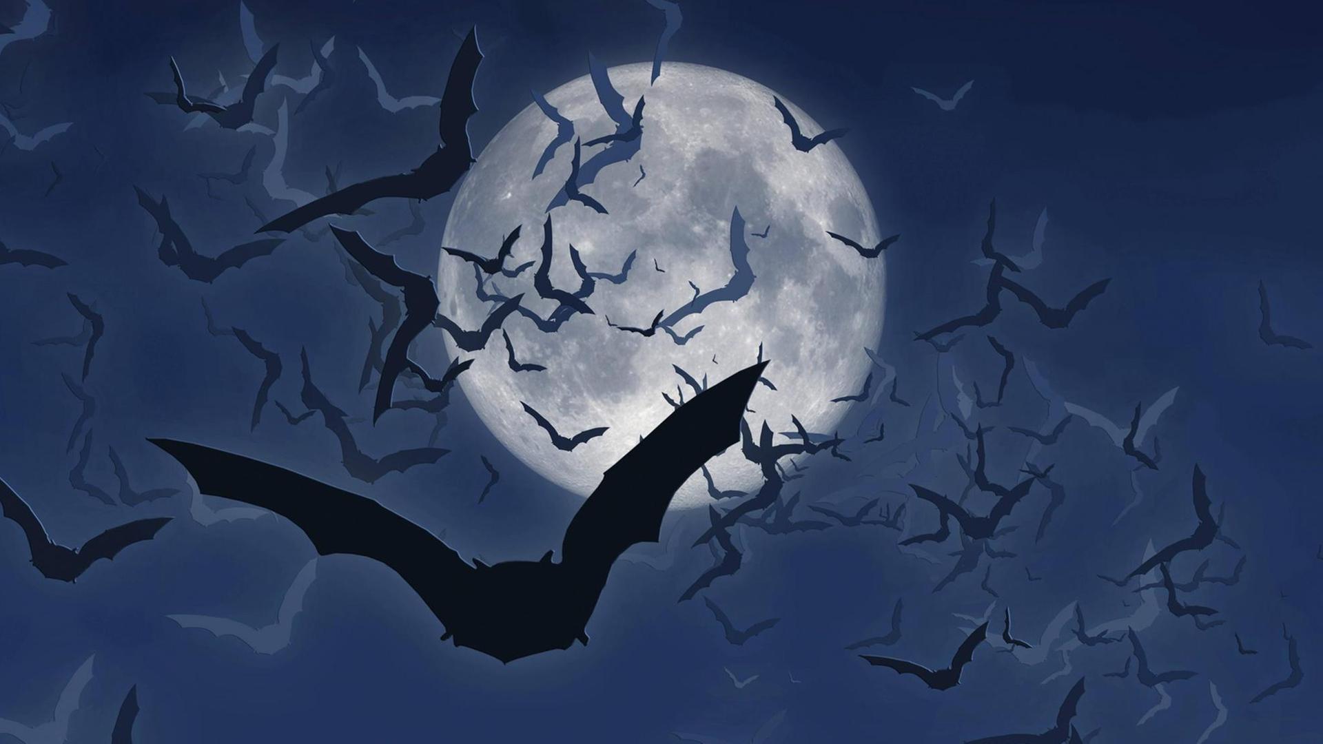 Ein Schwarm Fledermäuse fliegt über den nächtlichen Himmel, im Hintergrund leuchtet der Vollmond.