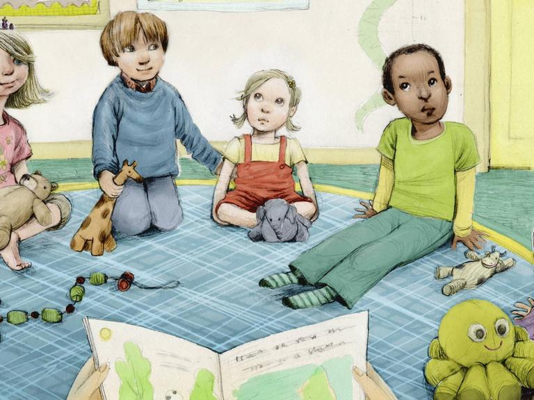 Illstration: Unterschiedliche Kinder sitzen in einer Gruppe und hören einer vorlesenden Person zu.