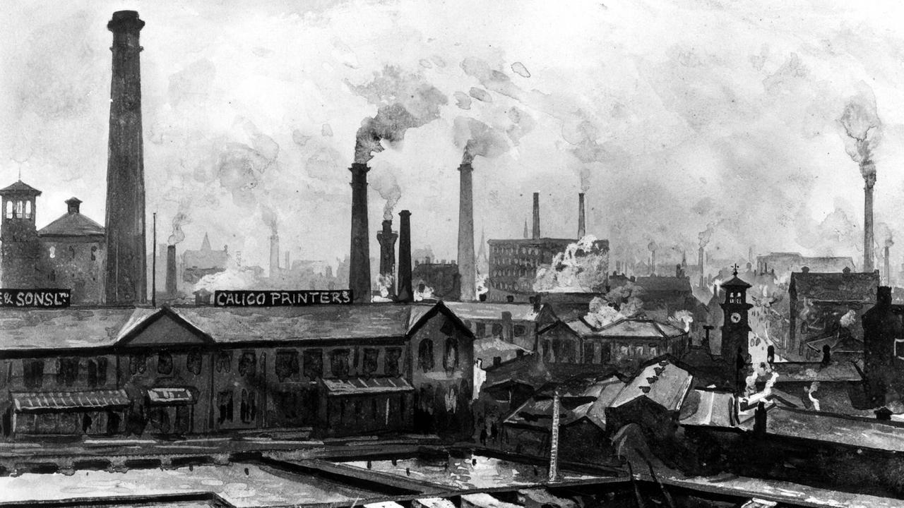 Zeichnung einer Industrielandschaft in Manchester, England, während der industriellen Revolution.
