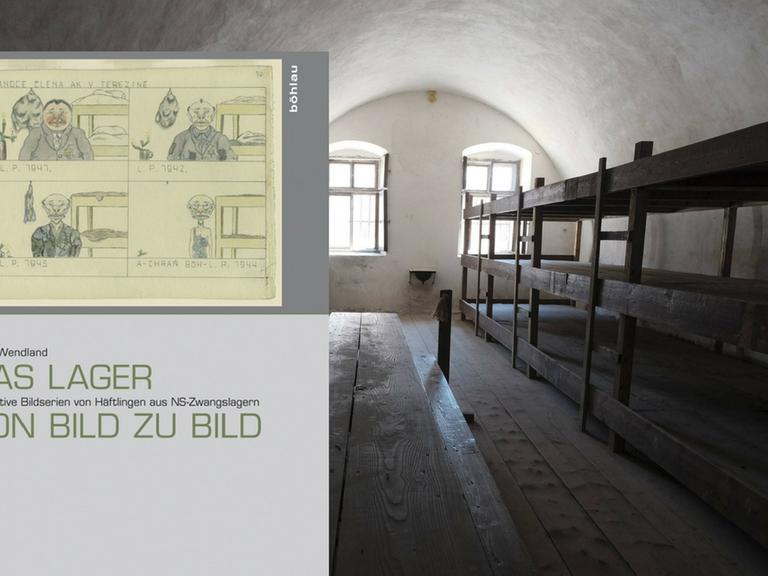 Das Buchcover der Neuerscheinung "Das Lager von Bild zu Bild - Narrative Bildserien von Häftlingen aus NS-Zwangslagern" von Jörn Wendland. Im Hintergrund der Blick in einen leeren Raum des ehemaligen Konzentrationslagers Theresienstadt. rechts im Bild nur eine Reihe hölzerner Bettgestelle.