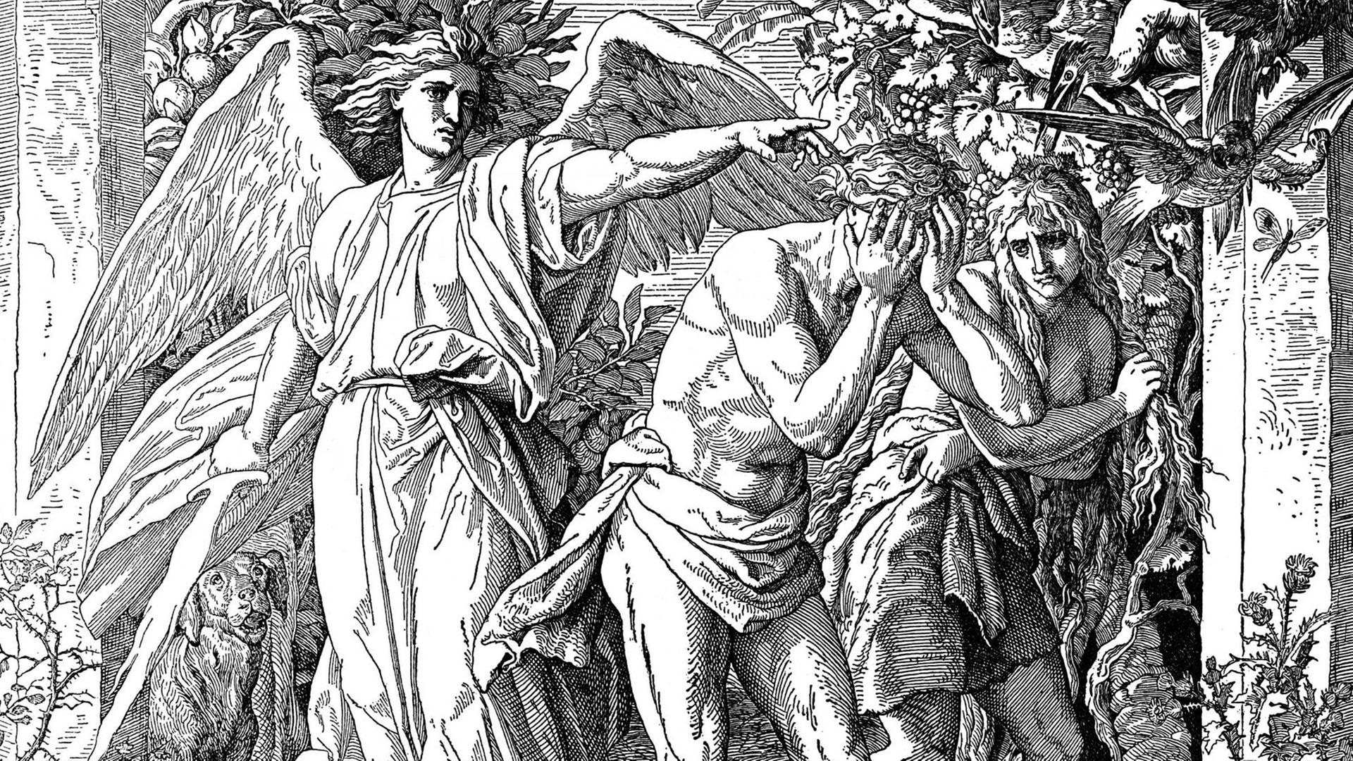Adam und Eva: Die Vertreibung aus dem Paradies und Cherub mit Flammenschwert. Holzschnitt aus einer katholischen Bibel.