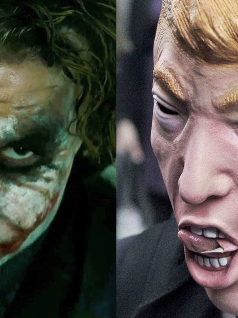 Links: Der inzwischen verstorbene Schauspieler Heath Ledger als Joker in in The Dark Knight. Rechts: Bei einem Protest gegen Donald Trump trägt ein Demonstrant eine Maske.