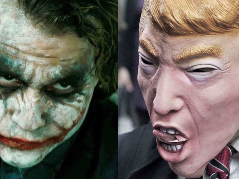 Links: Der inzwischen verstorbene Schauspieler Heath Ledger als Joker in in The Dark Knight. Rechts: Bei einem Protest gegen Donald Trump trägt ein Demonstrant eine Maske.