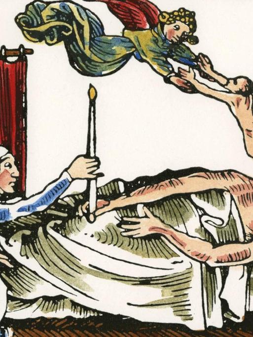 Holzschnitt: Abholung der Seele eines Sterbenden durch einen Engel.