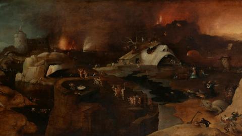 Das Gemälde zeigt, im Stil von Hieronymus Bosch, die Hölle als trostlose Landschaft mit einer brennenden Stadt und dem Fluss Styx.