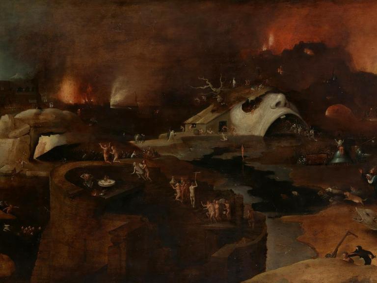 Das Gemälde zeigt, im Stil von Hieronymus Bosch, die Hölle als trostlose Landschaft mit einer brennenden Stadt und dem Fluss Styx.