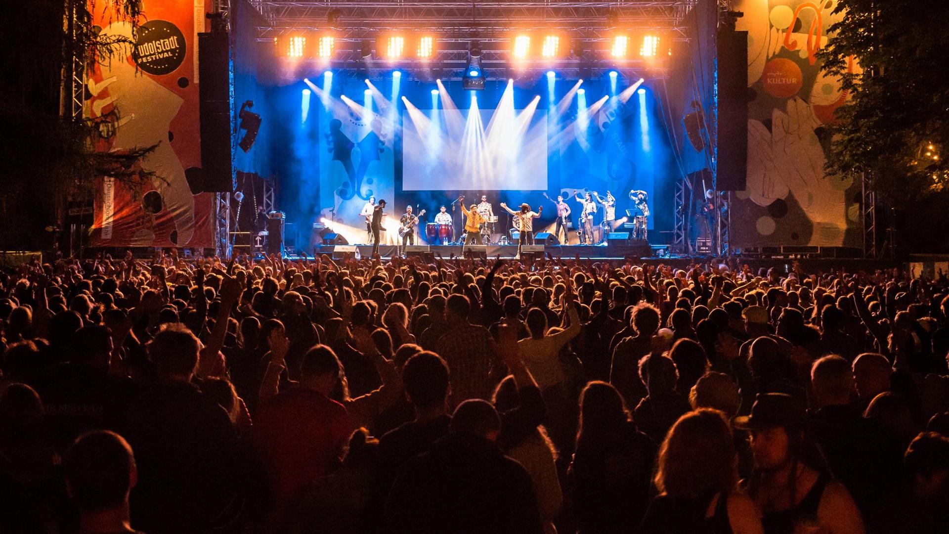 Nachtaufnahme eines Konzerts in Rudolstadt, im Vordergrund ist das Puiblikum zu sehen, im Hintergrund die hell erleuchtete Bühne mit Musikern.