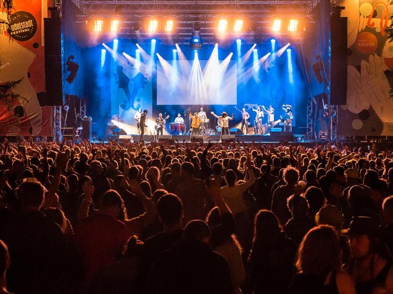 Nachtaufnahme eines Konzerts in Rudolstadt, im Vordergrund ist das Puiblikum zu sehen, im Hintergrund die hell erleuchtete Bühne mit Musikern.