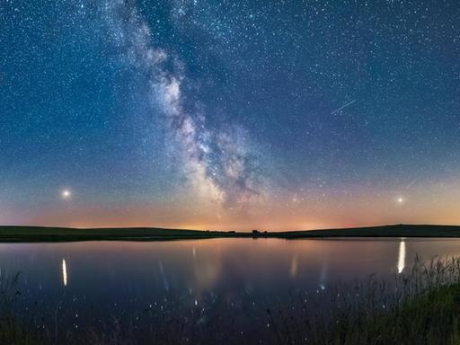 Panoramaaufnahme des nächtlichen Sternenhimmels mit Milchstraße über einem See.