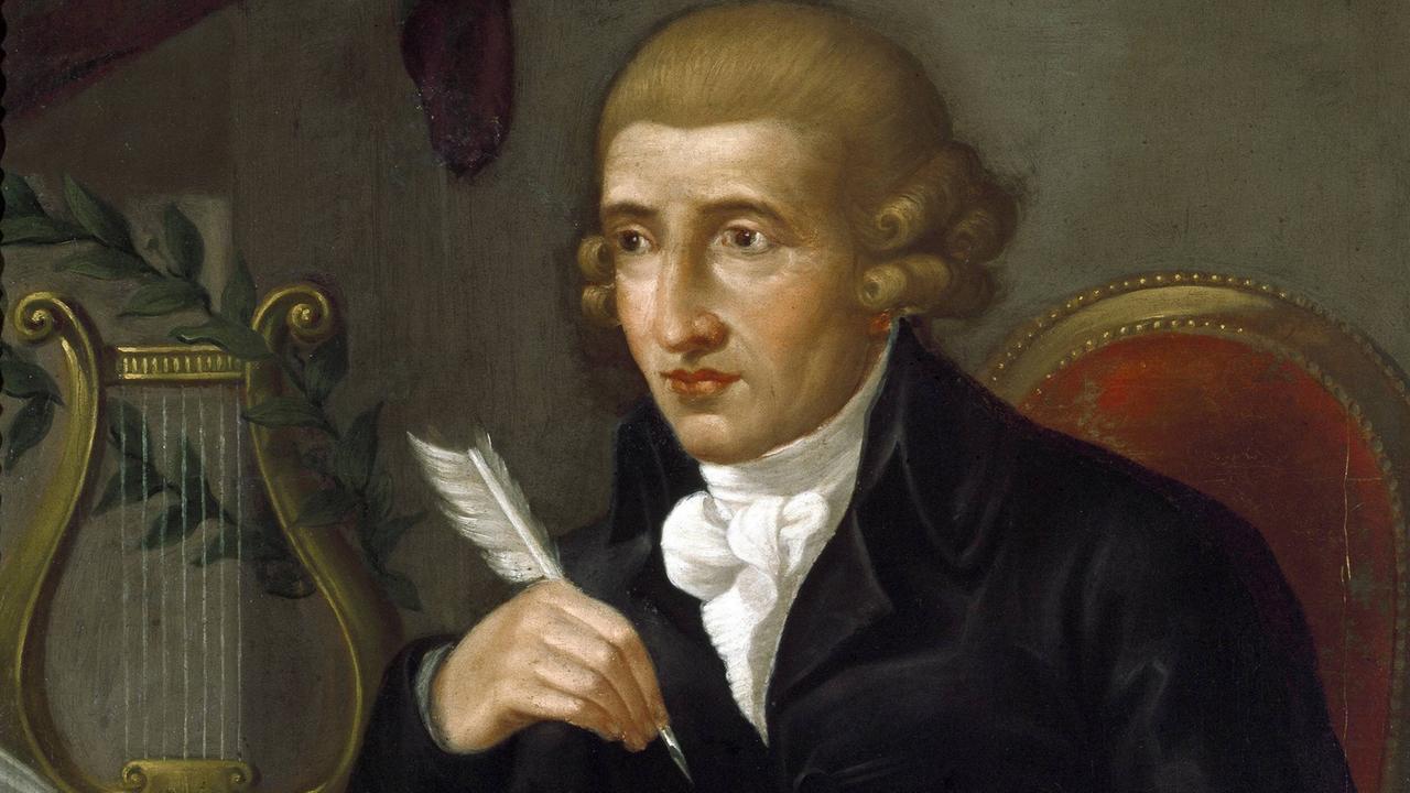 Ein anonymes Gemälde aus dem Civico Museo Bibliografico Musicale in Bologna zeigt Joseph Haydn mit einer Feder in der Hand