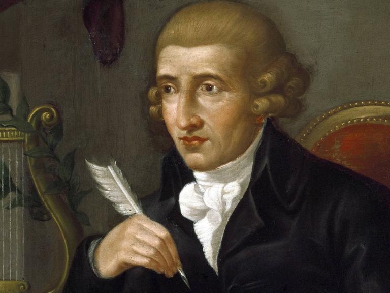 Ein anonymes Gemälde aus dem Civico Museo Bibliografico Musicale in Bologna zeigt Joseph Haydn mit einer Feder in der Hand
