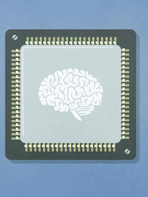 Illustration eines Gehirns auf einem Computerchip vor bläulichem Hintergrund.