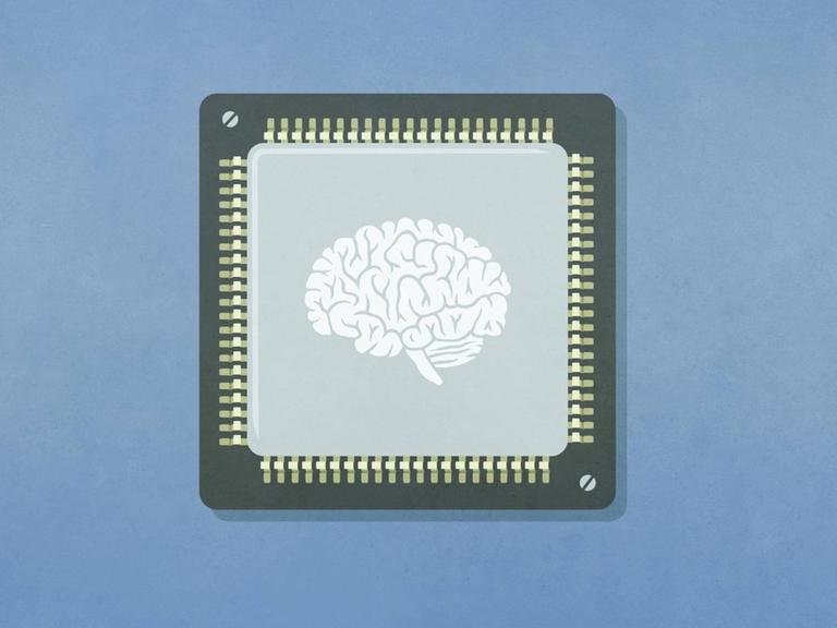 Illustration eines Gehirns auf einem Computerchip vor bläulichem Hintergrund.
