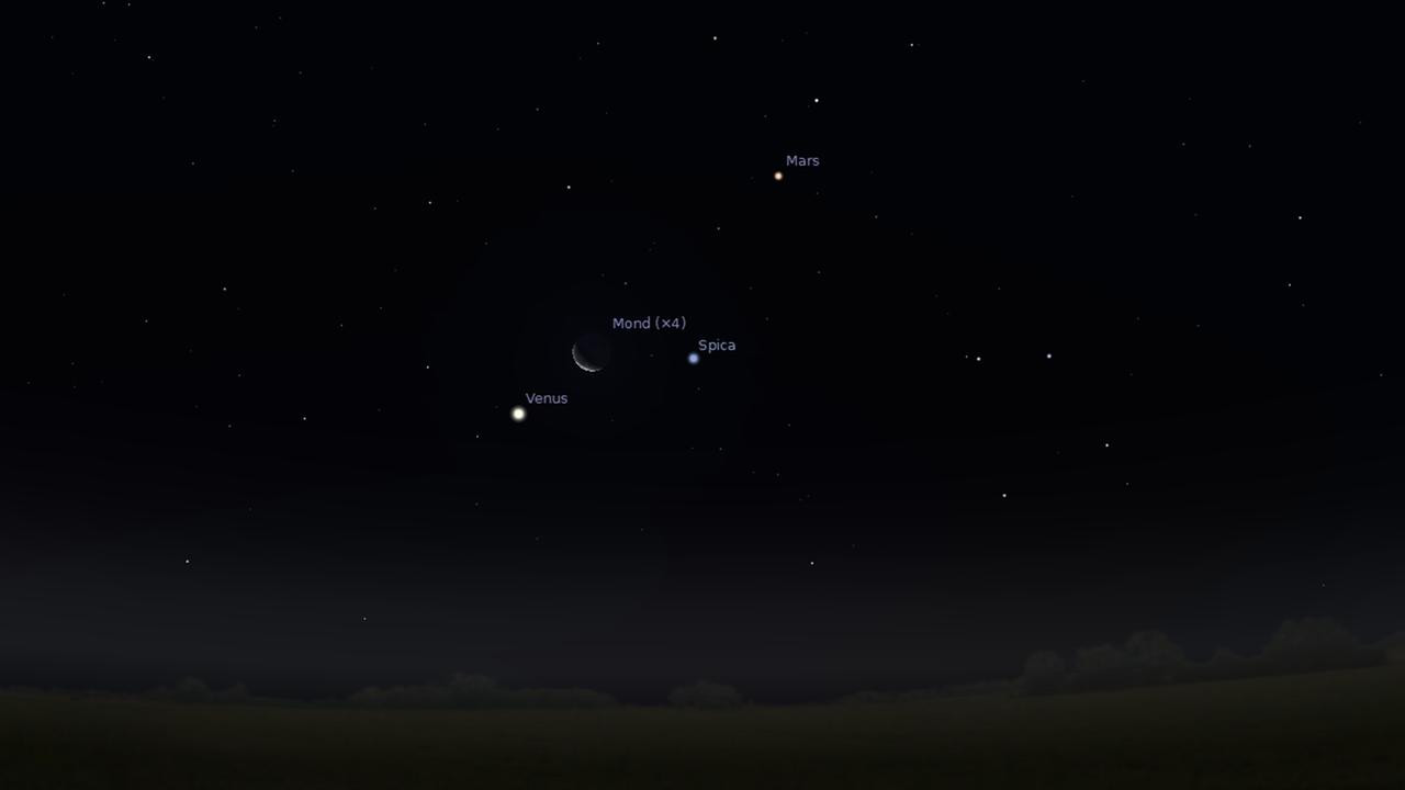 Venus, Mond und Spica bilden morgen früh ein hübsches Dreieck am Südosthimmel