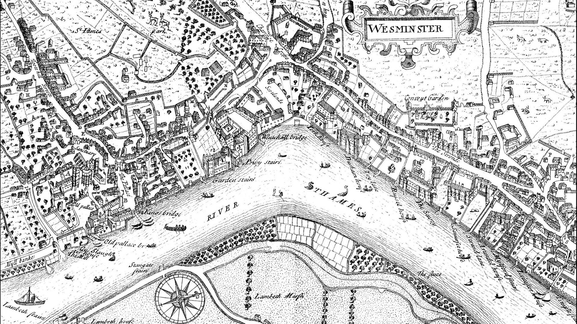 Historische Zeichnung der City of Westminster, einem Stadtbezirk von London, mit der der Themse im 17. Jahrhundert