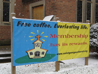 St. George’s Church: „Kostenloser Kaffee, ewiges Leben“ – die Kirche lässt sich einiges einfallen, um neue Mitglieder zu werben. St. George’s Church: „Kostenloser Kaffee, ewiges Leben“ – die Kirche lässt sich einiges einfallen, um neue Mitglieder zu werben.