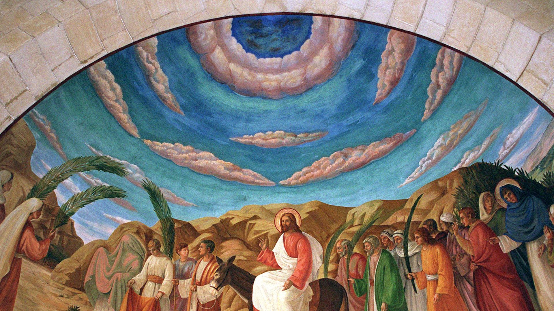 Das Gemälde über dem Altar in der Franziskanerkirche in Bethfage in Israel zeigt den Einzug Jesu nach Jerusalem auf einem Esel.