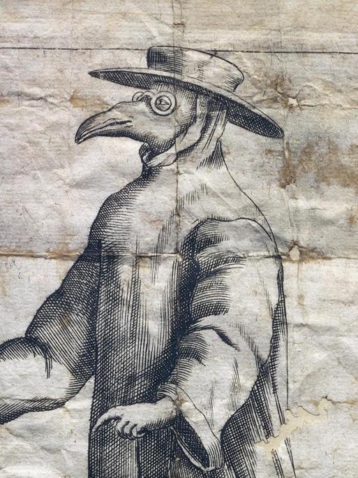 Historische Zeichnung eines Pestarztes aus dem 17. Jahrhundert.
