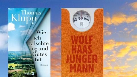 Buchcover links: Thomas Klupp: „Wie ich fälschte, log und Gutes tat“, Buchcover rechts: Wolf Haas: „Junger Mann“
