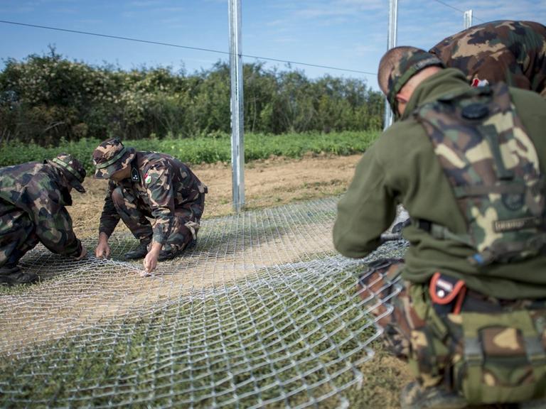 Soldaten bauen einen Zaun an der kroatisch-ungarischen Grenze