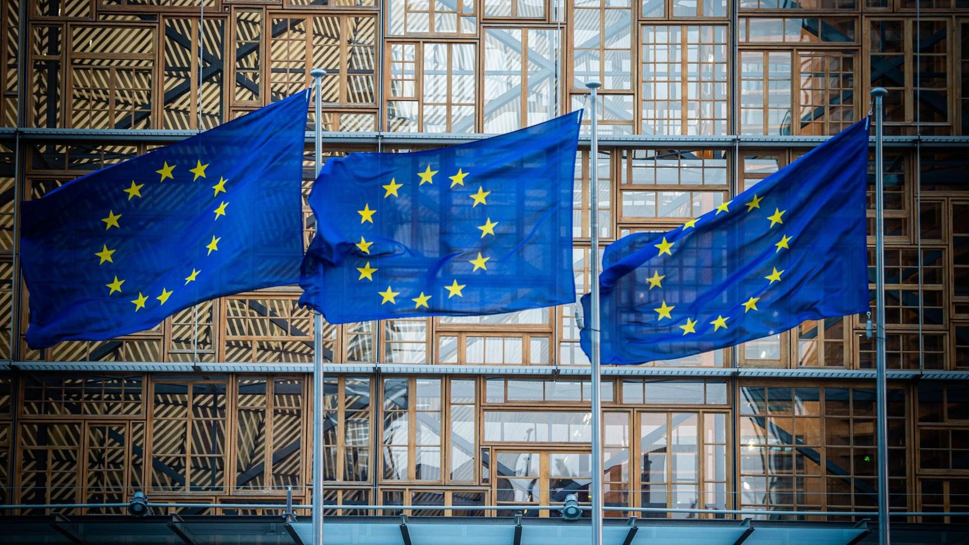Flaggen der Europäischen Union wehen im Wind vor dem Europa-Gebäude in Brüssel.