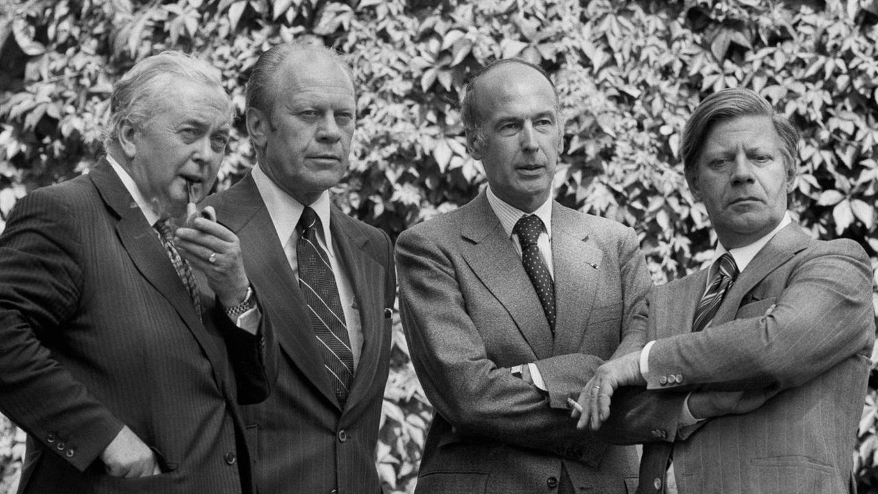 Der britische Premierminister Harold Wilson, US-Präsident Gerald Ford, Frankreichs Präsident Valery Giscard d’Estaing und Bundeskanzler Helmut Schmidt in Helsinki