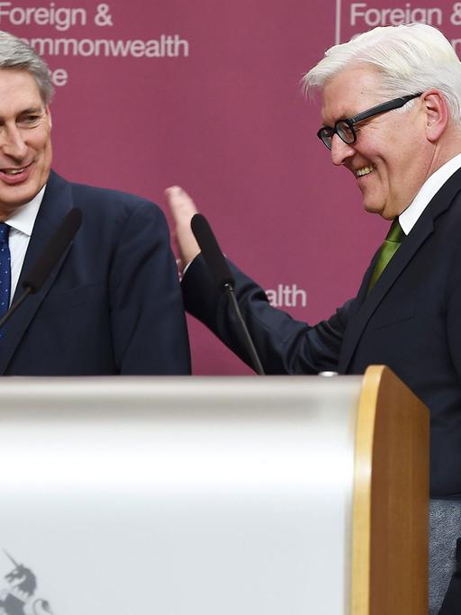 Der deutsche Außenminister Frank-Walter Steinmeier klopft seinem britischen Kollegen Philip Hammond (l.) mit der Hand auf die Schulter.