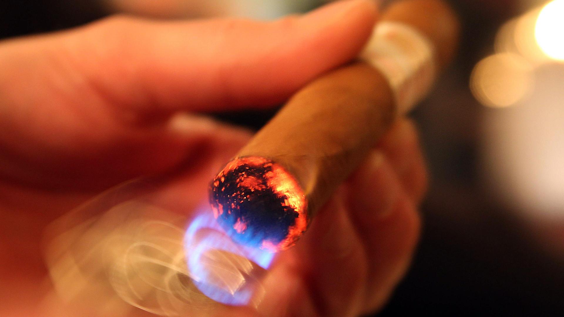 Eine Hand hält eine brennende Zigarre, aufgenommen 2013 bei der feierlichen Eröffnung der La Casa del Habano Leipzig