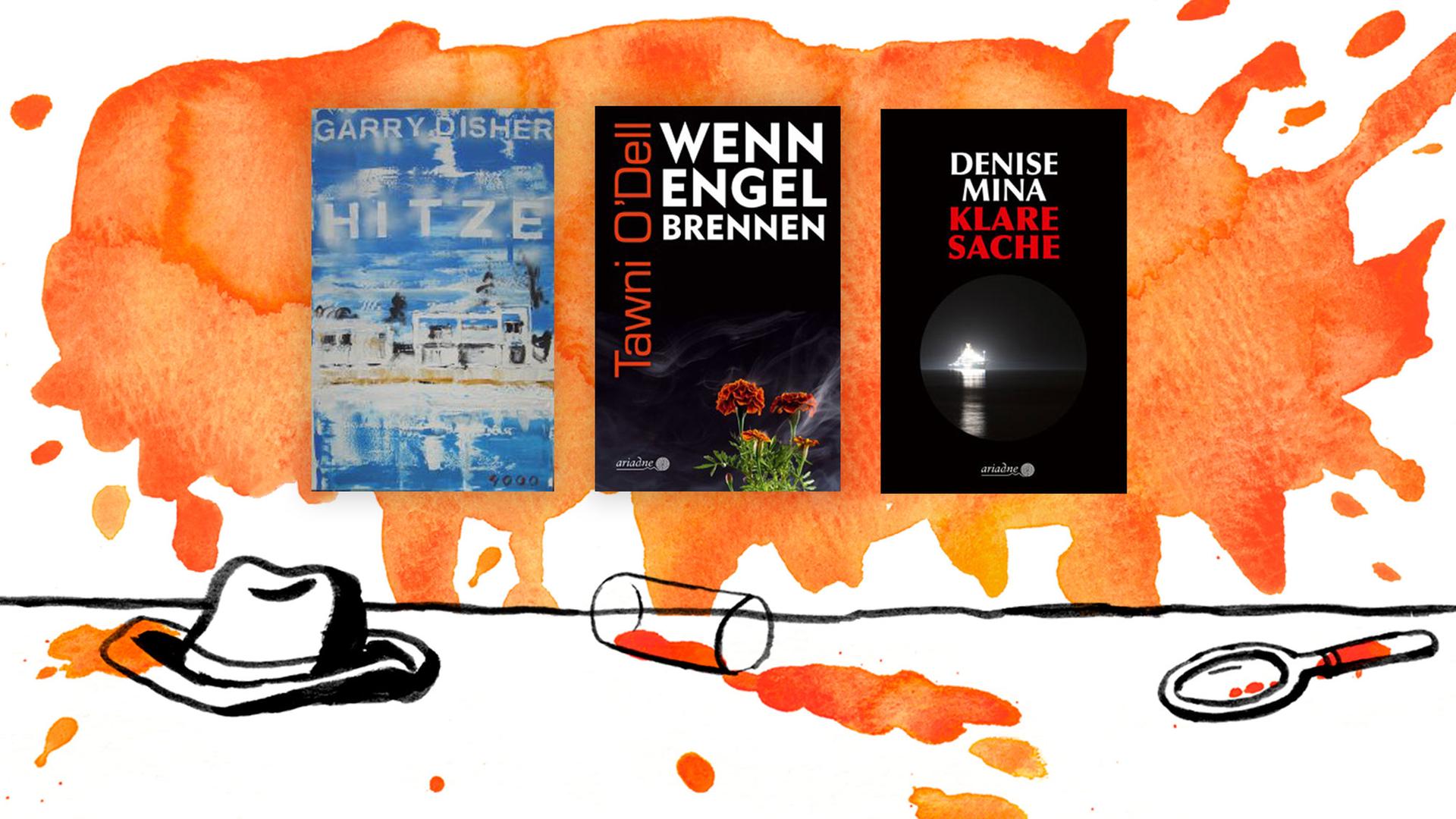 Coverabbildungen der drei besten Krimis im Oktober: Garry Dishers "Hitze", Tawni O'Dells "Wenn Engel brennen" und Denise Minas "Klare Sache".