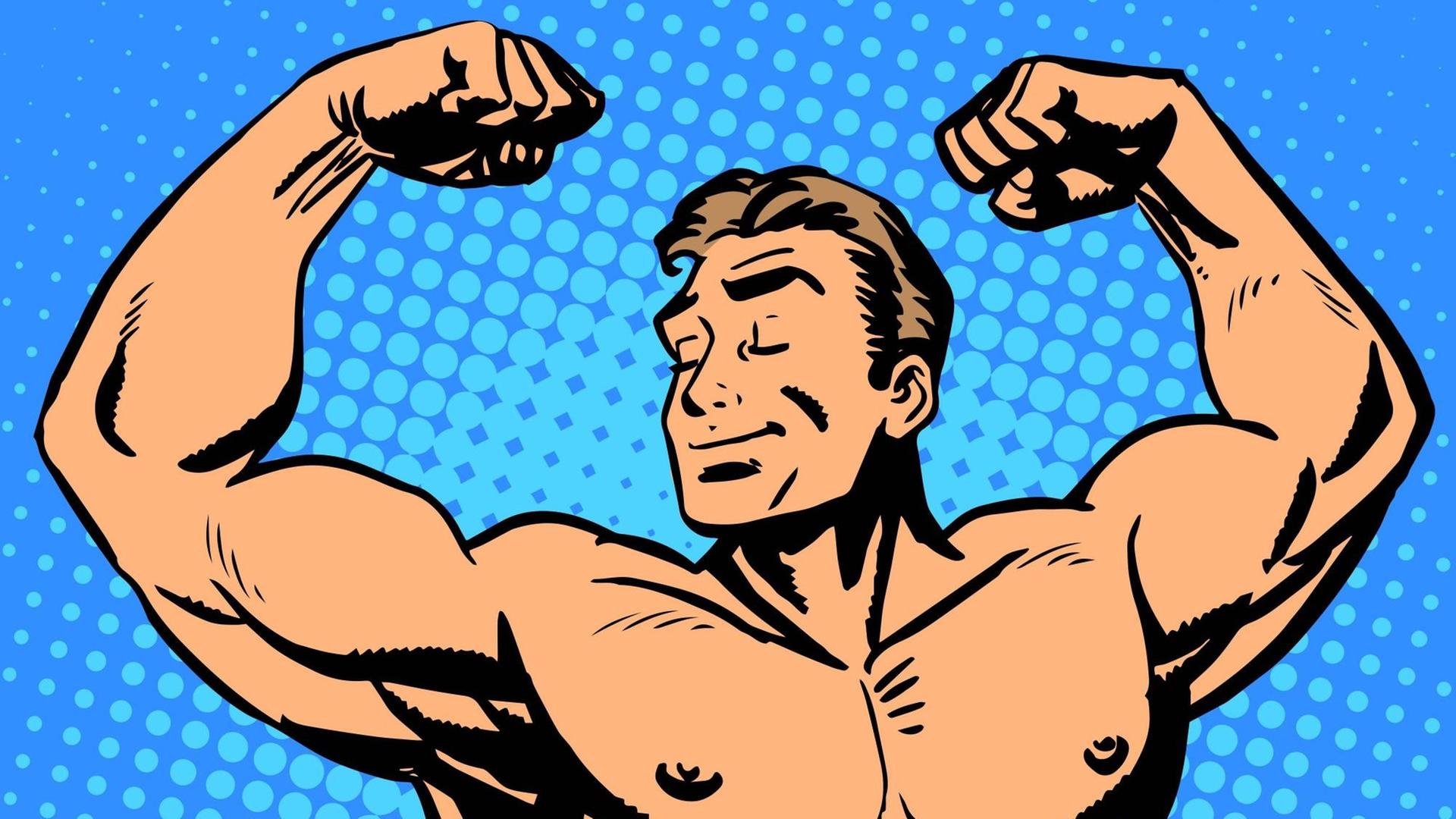 Ein Comic-Bodybuilder lässt seine Muskeln spielen.