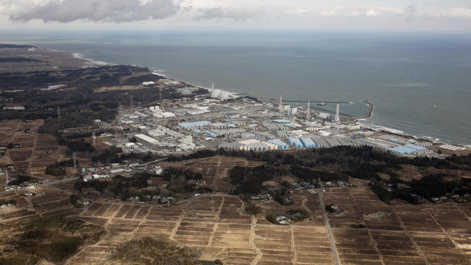 Das japanische Atomkraftwerk Fukushima am 2. März 2016 aus der Luft fotografiert.