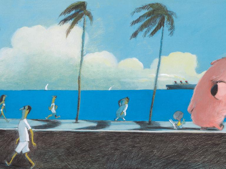 Ausschnitt eines Bildes aus dem Kinderbuch "Mir nach!" von Nadine Brun-Cosme und Olivier Tallec: die drei Freunde - der wuschelige Riesenhund Leon, der Junge Max und der weiße Hase Henri - gehen an einer Strandpromenade spazieren.