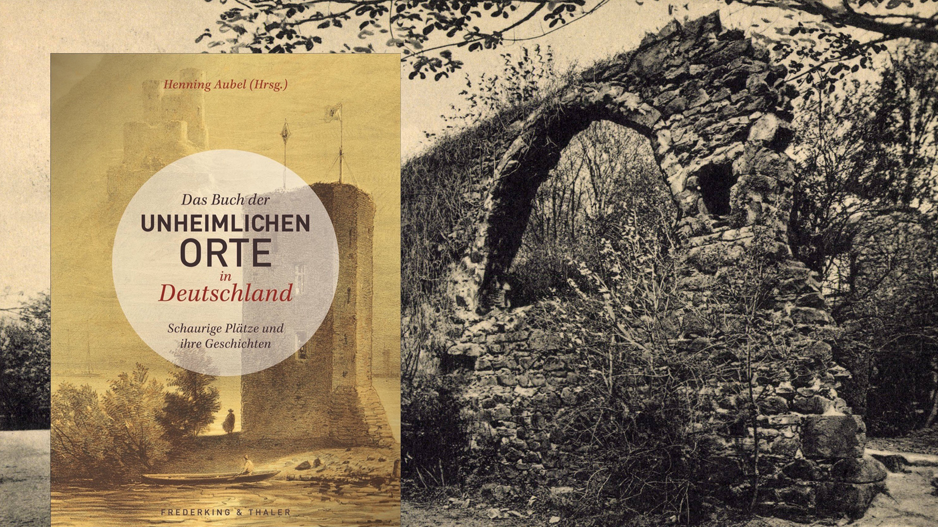 Eine Schwarzweiß-Fotografie mit Patina zeigt die verfallene Ruine eines alten Klosters. Davor gestellt ist das Cover zu Henning Aubels "Buch der Unheimlichen Orte". Auf dem Buch zu sehen ist die Zeichnung eines alten Schlossturms.