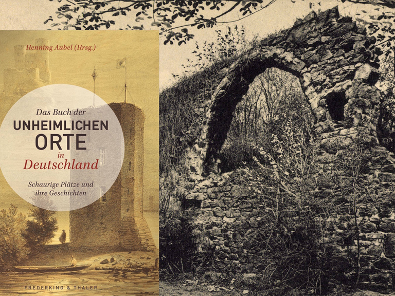 Eine Schwarzweiß-Fotografie mit Patina zeigt die verfallene Ruine eines alten Klosters. Davor gestellt ist das Cover zu Henning Aubels "Buch der Unheimlichen Orte". Auf dem Buch zu sehen ist die Zeichnung eines alten Schlossturms.