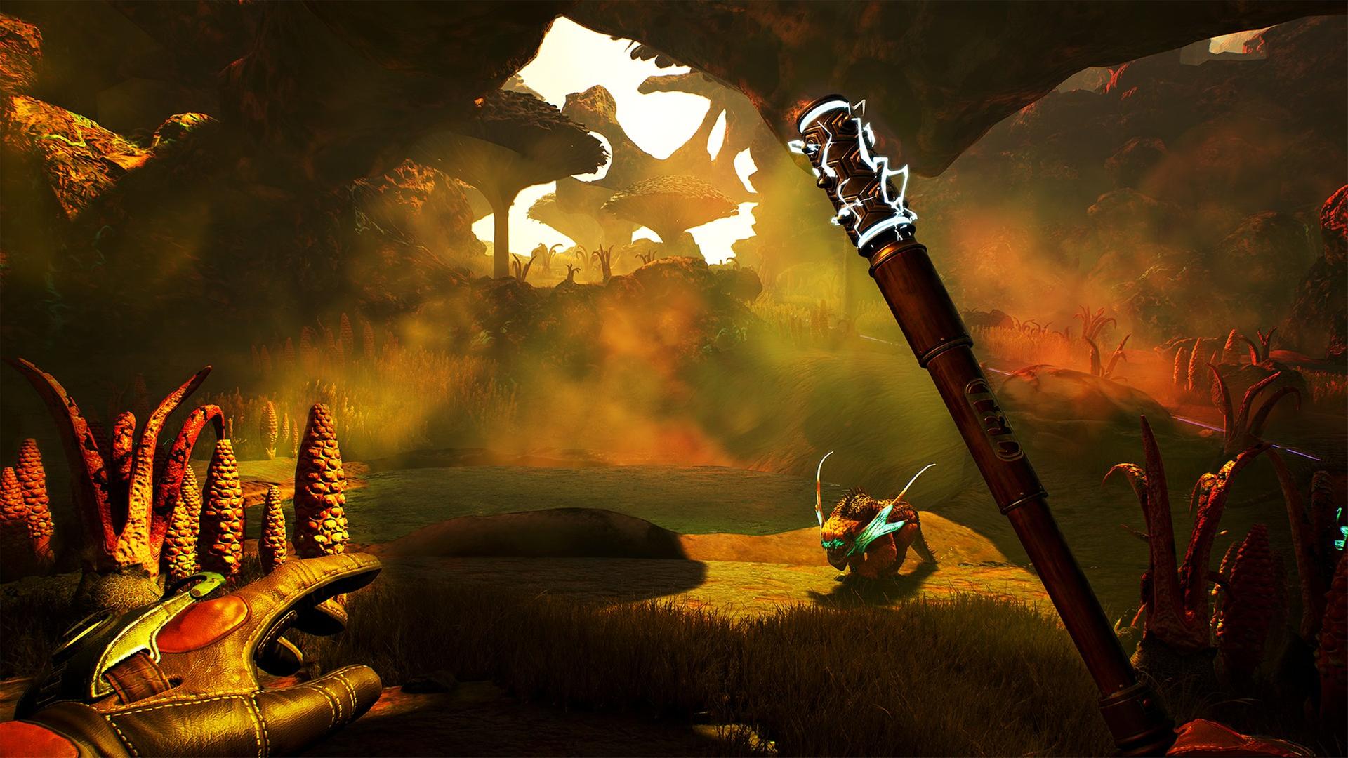 Zu sehen ist ein Ausschnitt aus dem Computerspiel "The Outer Worlds". Der Spieler blickt aus der Ego-Perspektive auf eine magische Welt