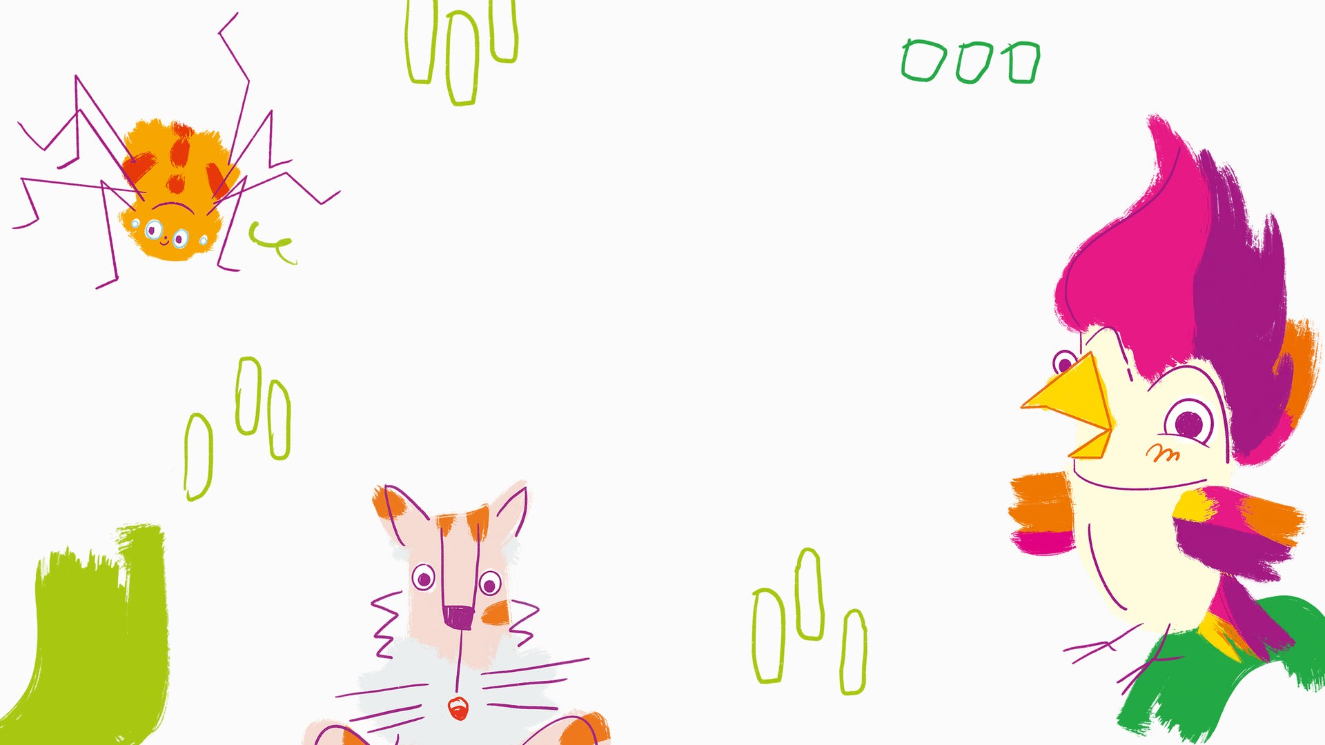 Das Podcast-Logo des Kinderpodcasts "Kakadu" zeigt den bunten Vogel neben allerlei bunten Formen.