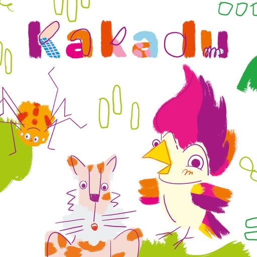 Das Podcast-Logo des Kinderpodcasts "Kakadu" zeigt den bunten Vogel neben allerlei bunten Formen.
