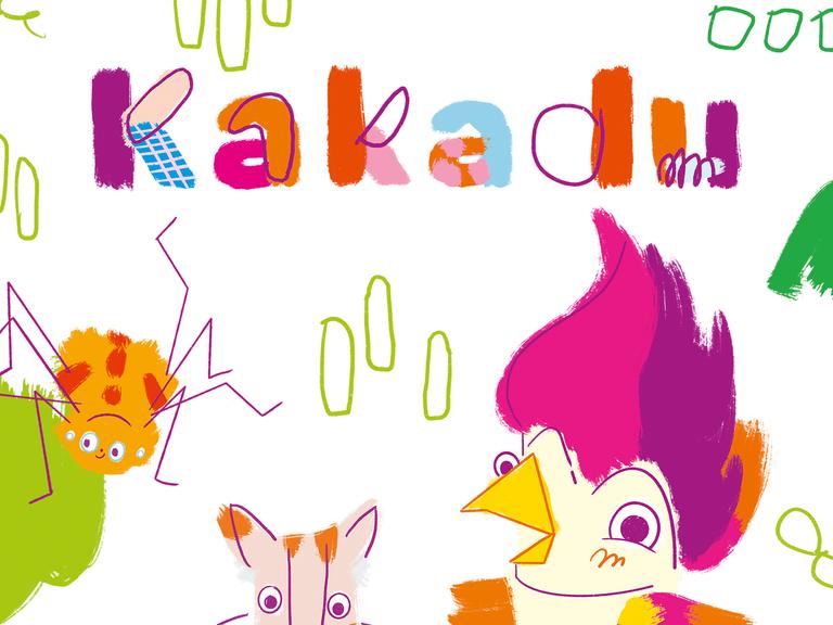 Das Podcast-Logo des Kinderpodcasts "Kakadu" zeigt den bunten Vogel neben allerlei bunten Formen.