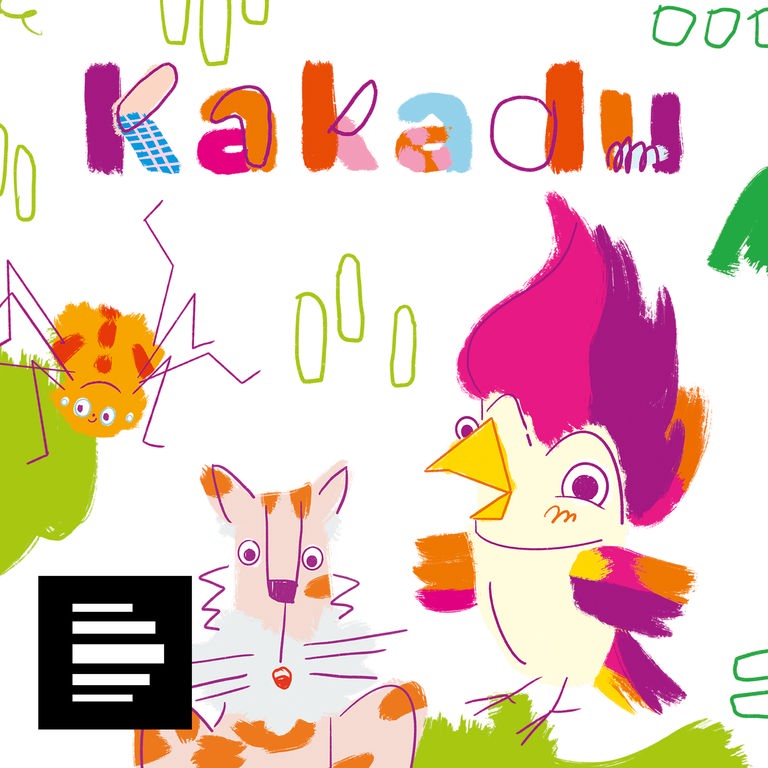 Das Podcast-Logo des Kinderpodcasts "Kakadu" zeigt den bunten Vogel neben allerlei bunten Formen.