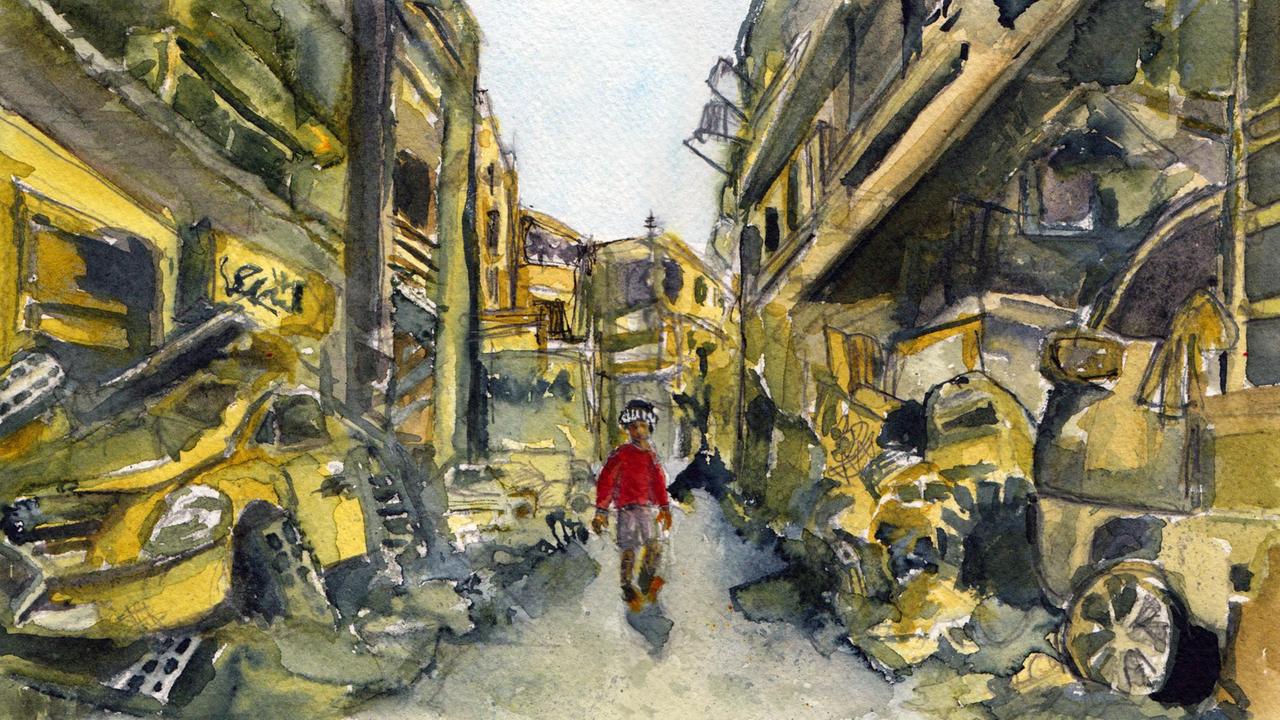 Illustration: ein Mann zwischen Ruinen und zertrümmerten Autos