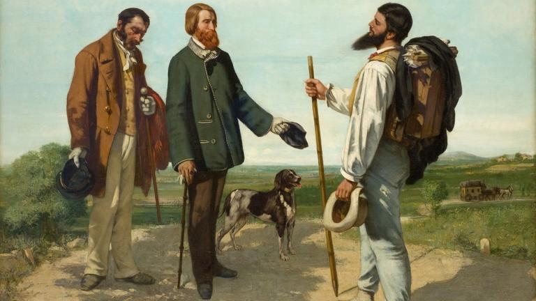 Ein Gemälde des Malers Gustave Courbet. Auf einem Wanderweg treffen 3 Wanderer in Begleitung eines kleinen Hundes aufeinander.