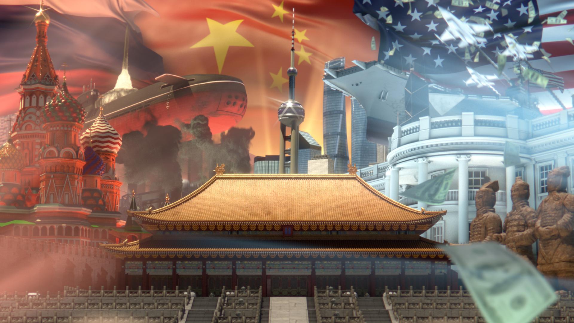 "Supermächte“ – Dreiteilige Dokumentation mit den Folgetiteln „Angst vor China?", „America first“? und „Russlands Rückkehr?“ Auszug aus der Titelgrafik des Films. "Supermächte“ – Dreiteilige Dokumentation mit den Folgetiteln „Angst vor China?", „America first“? und „Russlands Rückkehr?“ Auszug aus der Titelgrafik des Films.