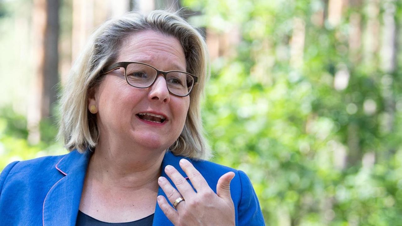 Svenja Schulze (SPD), Ministerin für Umwelt, Naturschutz und nukleare Sicherheit, steht in der Rochauer Heide in einem kommunalen Wald