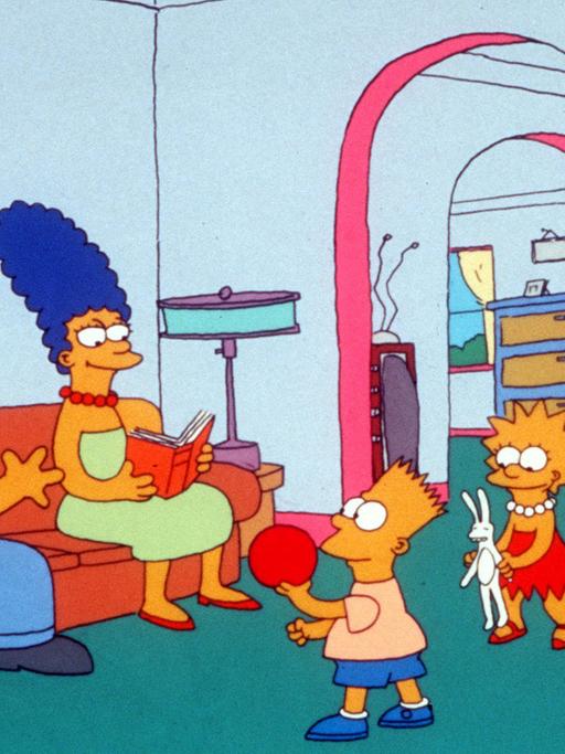 Die Simpson-Familie im Wohnzimmer: (l-r) Familienvater Homer Simpson, daneben auf dem Sofa seine Frau Marge, Bart, der Stammhalter der Familie, mit seiner intelligenten Schwester Lisa und das Nesthäkchen Maggie im Laufstall. Aufnahme von 1991.