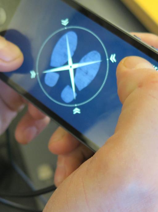 Ein iPhone mit der Benutzeroberfläche des Hörgames "Blowback"