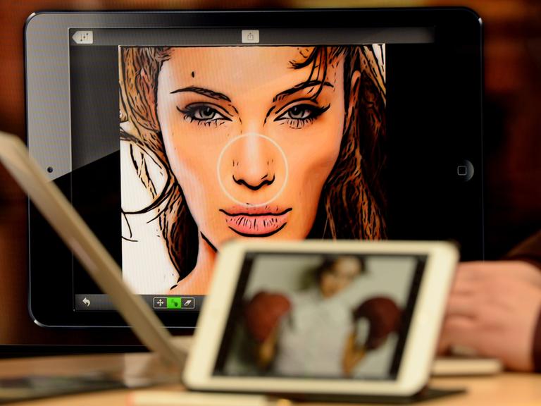 Ein Bildschirm mit der Vorstufe einer Bildverschlüsselungssoftware, zu sehen ein Frauengesicht.